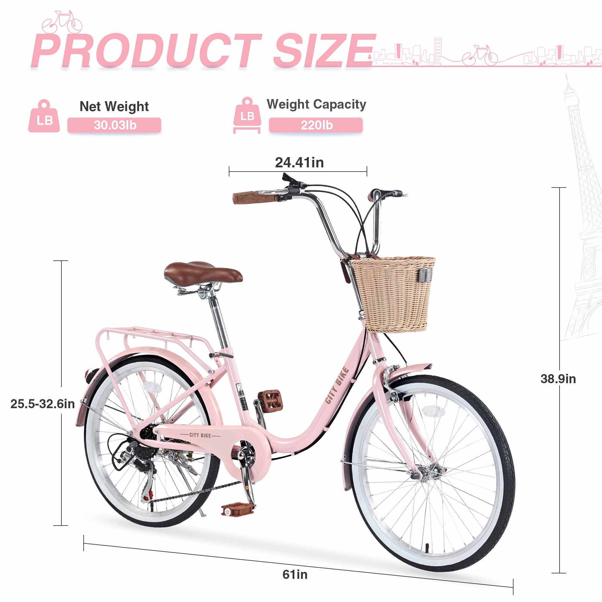 Aukfa Cruiser Bike, Hybrid Bikes with Basket for Girls Kids,Pink