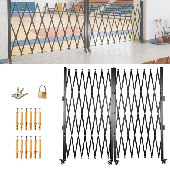 Double Folding Security Gate with Lockable Scissor Design and 360° Swivel Casters, 51" H x 156" W Retractable Driveway Gates, Mobile Barricade Safety Barrier for Residential Community