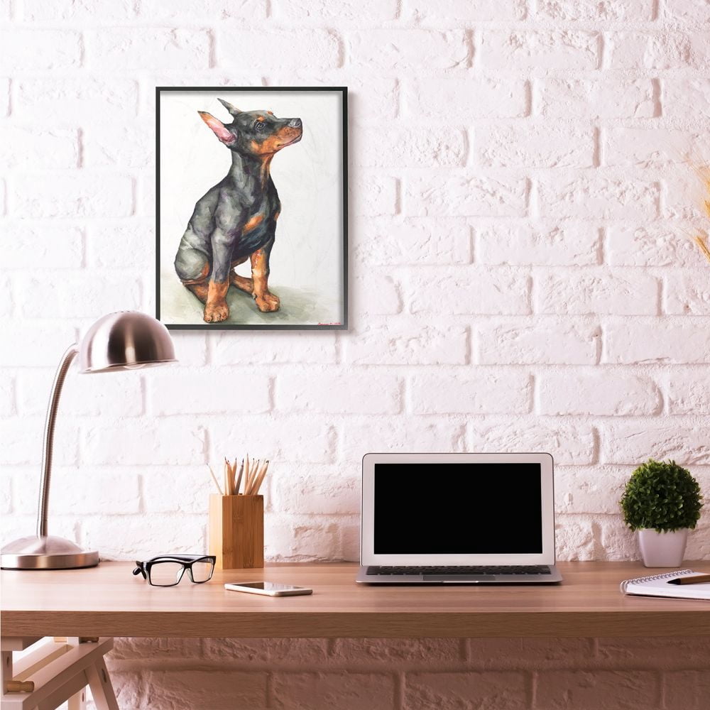 Stupell Industries Doberman Puppy Dog Pet Animal Watercolor Painting Framed Giclee Texturized Art by George Dyachenko