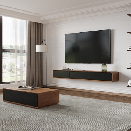 POVISON Modern Floating TV Stand with Coffee Table, Wood Living Room Set, Black, 78.74" Media Console+ 51.18" Dark Coffee Table