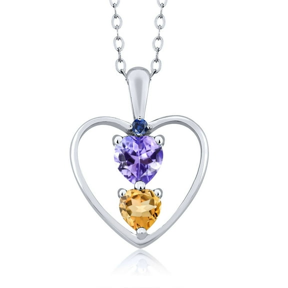 925 Sterling Silver Blue Tanzanite Yellow Citrine and Blue Created Sapphire Pendant Necklace for Women (0.73 Cttw, Gemstone December Birthstone, Heart 5MM and 4MM, with 18 inch Silver Chain)