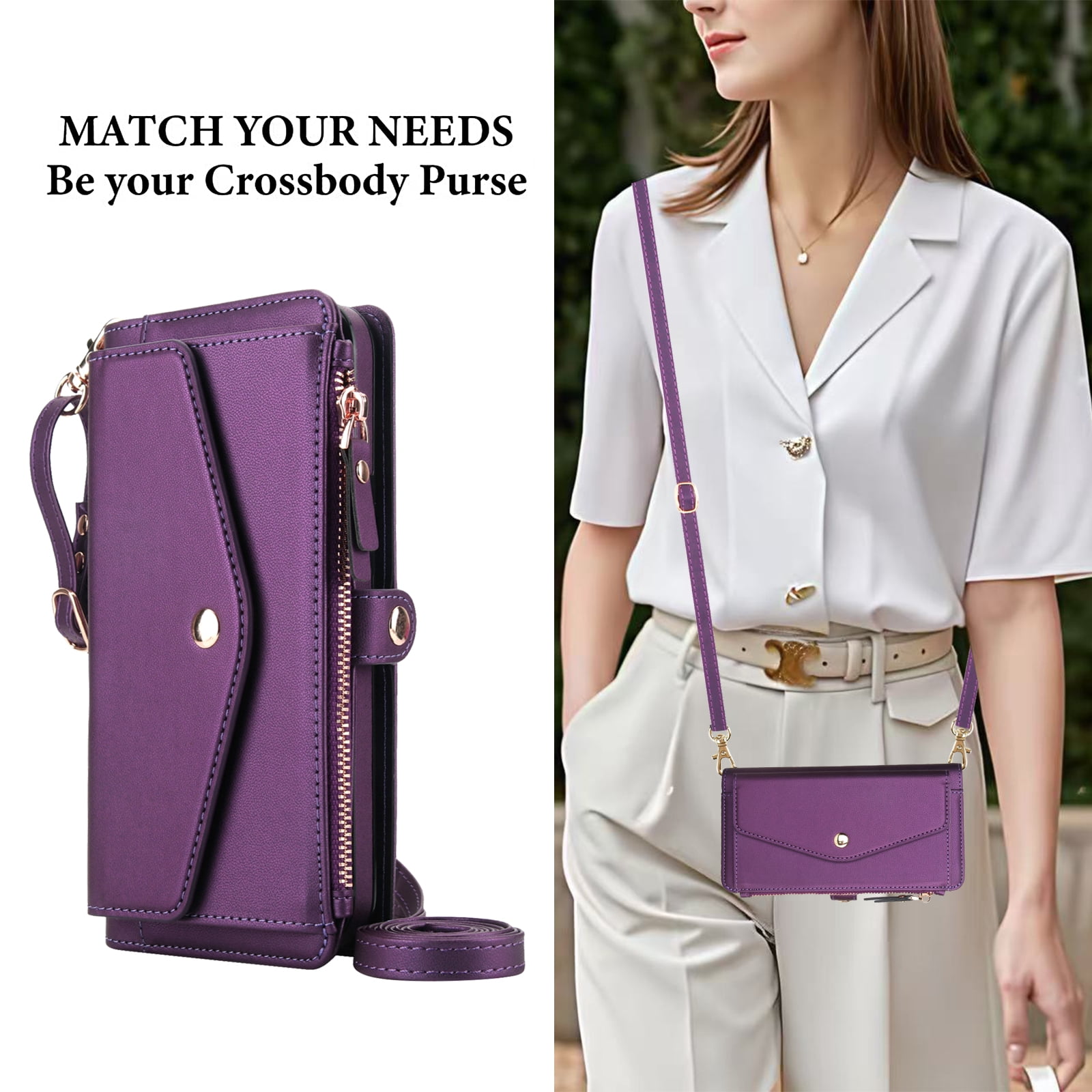 Designed for Google Pixel 8 Multi-Function Wallet Phone Case,With Shoulder Strap&Wrist Strap,Cash Pocket&Card Slots,Zipper Purse,Magnetic Detachable PU Leather Flip Phone Case,Purple