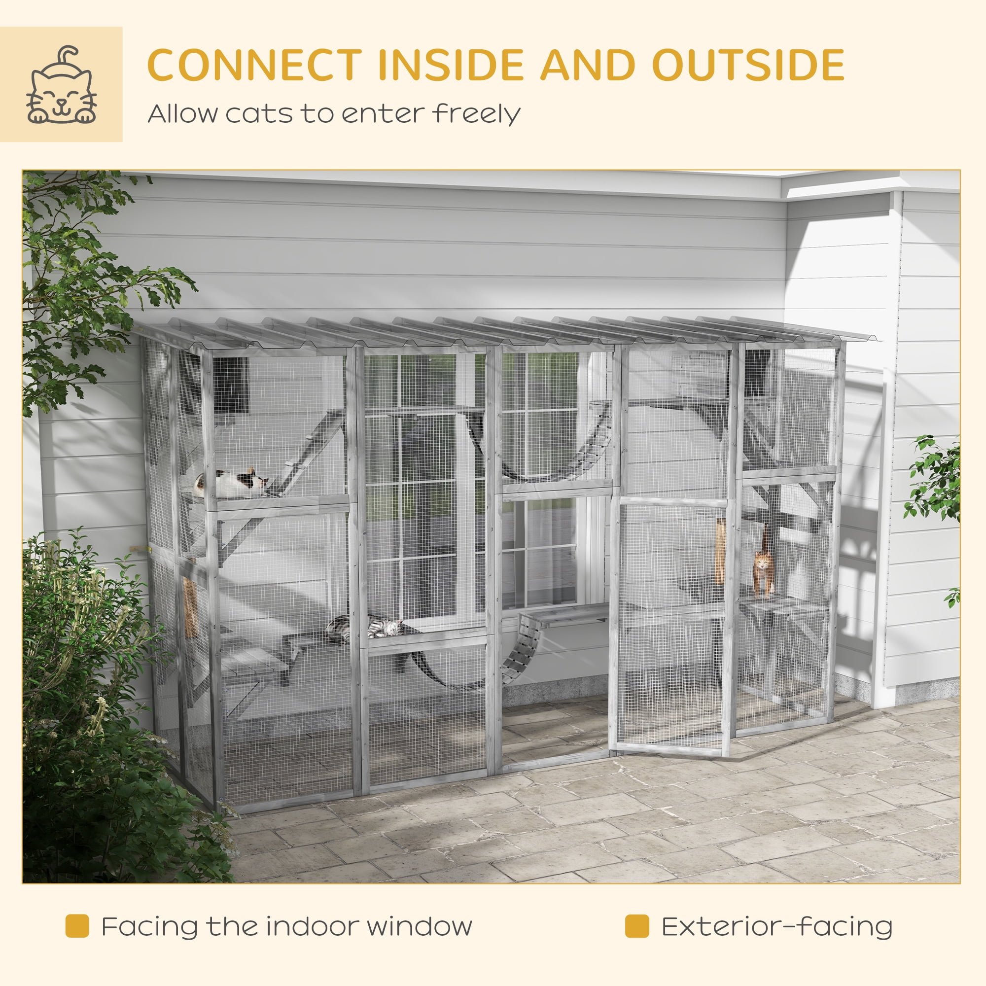 PawHut Catio Playground Outdoor Cat Enclosure, Wooden Outdoor Cat House Weatherproof for Multiple Cats, Shelves & Bridges, Gray