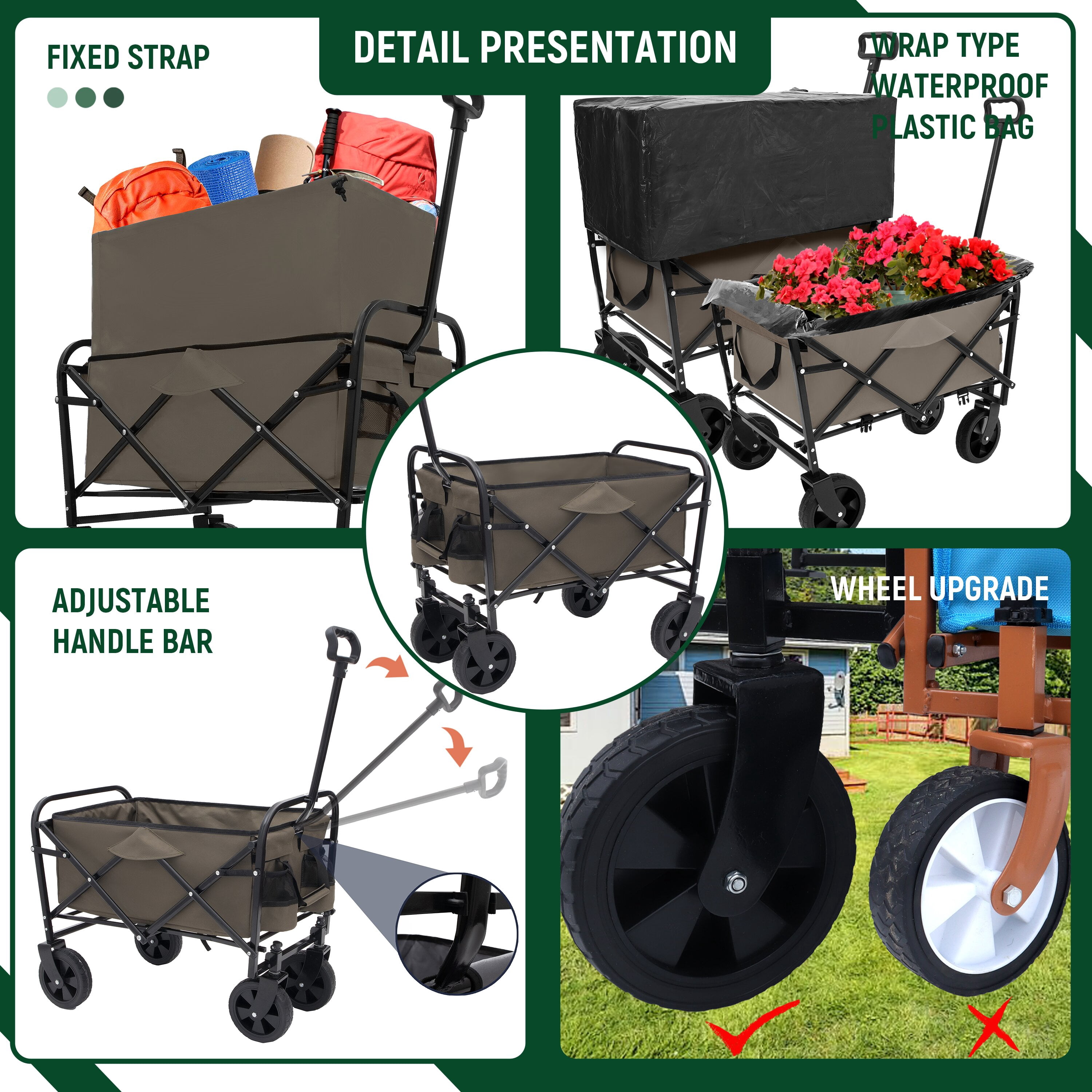 Yoneston Collapsible Wagon Cart, Portable Heavy Duty Utility Wagon with 3pcs Plastic Liner Cover Bag for Camping, Picinc, Shopping, Beach, Grocery Transport, Green