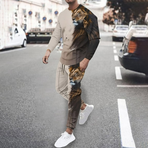 Wavsuf Sweatsuits 2pcs Sets Mens Jogger Set Long New Motion Shirt Sweatshirt and Sweatpants Khaki Size M