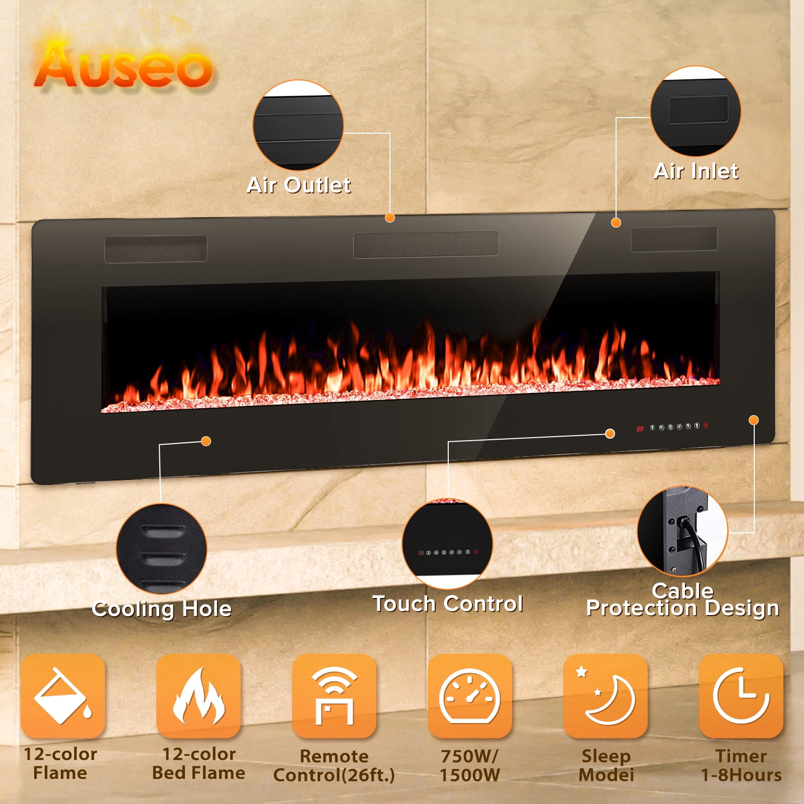 KISSAIR 60 inch Embedded Wall Mounted Indoor Fireplace, Ultra-thin Low Noise Lightweight LED Fireplace Heater, Touch Screen, Timer, 1500W, Adjustable Flame Color and Speed, Black