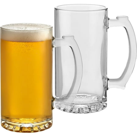 PARNOO Glass Beer Mug - Traditional 25 oz. Giant Beer Stein with Handles - Heavy-Duty Clear Drinking Glassware for Freezer & Refrigerator - Dishwasher-Friendly Beer Glasses Set of 2