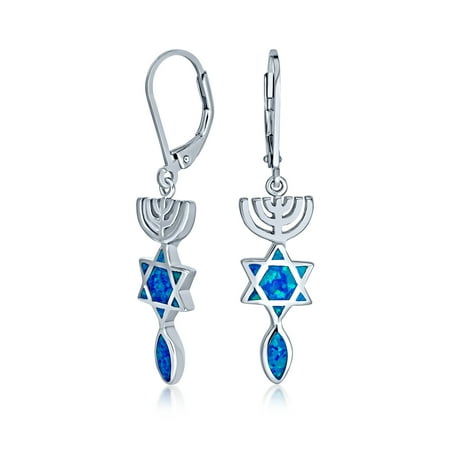 Bling Jewelry Womens Created Blue Opal Judaica Menorah Star of David Dangle Earrings Sterling Silver Bling Jewelry Womens Created Blue Opal Judaica Menorah Star of David Dangle Earrings Sterling Silver