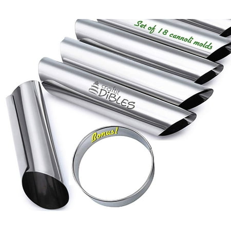 Stainless Steel Cookie Press - Cannoli Tubes Set of 18 with FREE Round Cookie cutter, 4.5 Inch. Stainless steel Cannoli Forms, Pastry Molds By CiE