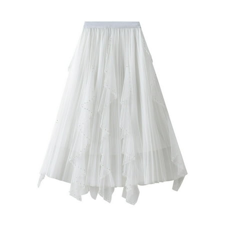 

Summer Women Tutu Tulle Skirt Elastic High Waist Layered Skirt Sexy Mesh Beading Mesh A-Line Midi Skirt