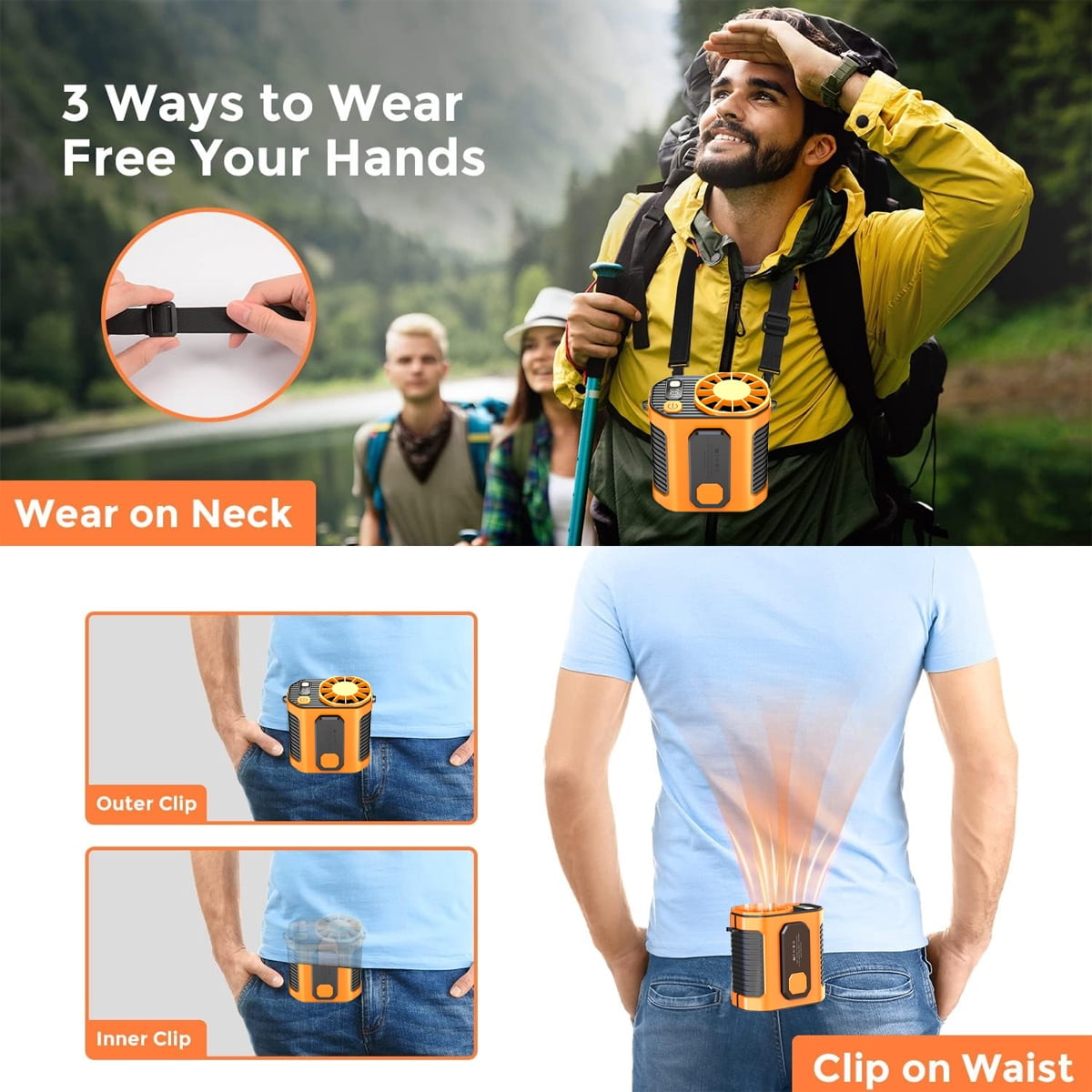 Cool Clip Fan Under Shirt, Ergonable Cool Clip Waist Fan, Shirt Fan Clip Outdoor, Powerful Undershirt Fan 5000mAh Edurance, Outdoor Cooling Fan for Running/Climing/Hiking/Camping (Orange)
