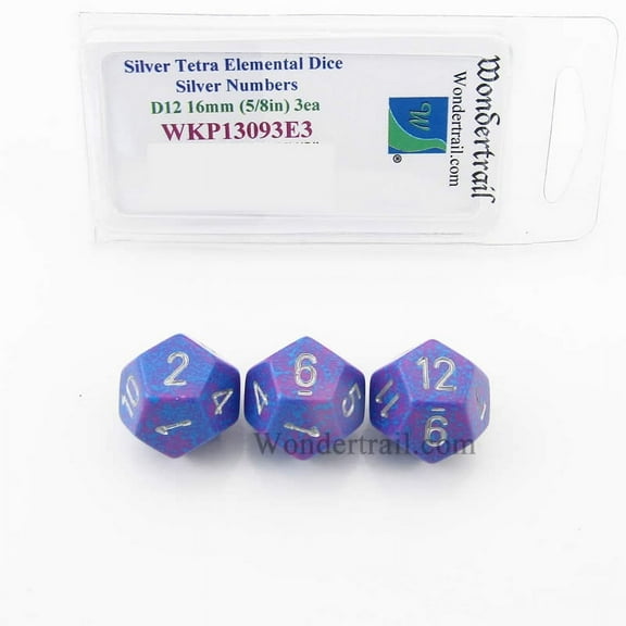 Silver Tetra Elemental Dice with Silver Numbers 16mm (5/8in) D12 Pack of 3 Wondertrail
