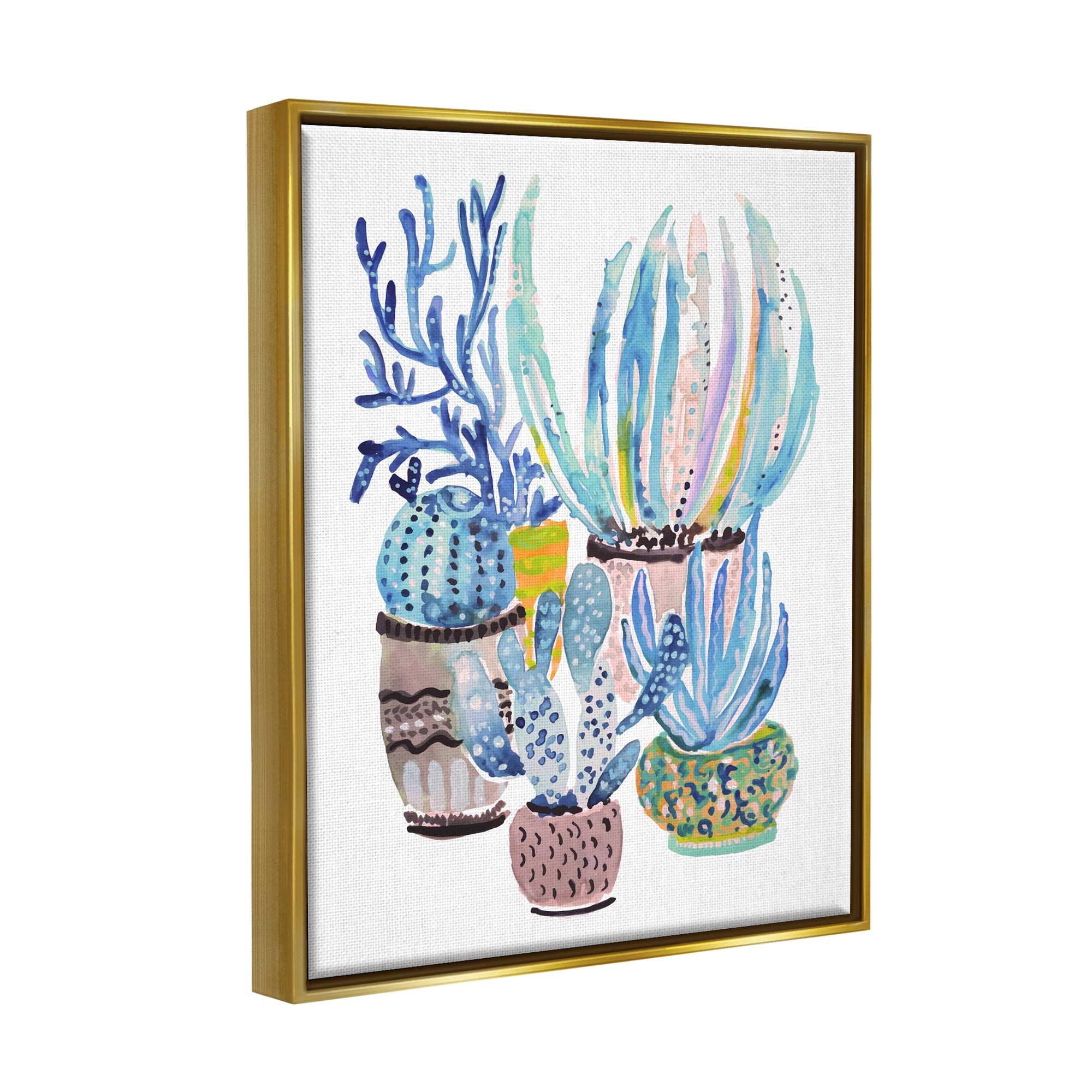 Stupell Patterned Blue Cactus Plants Botanical & Floral Painting Gold Floater Framed Art Print Wall Art