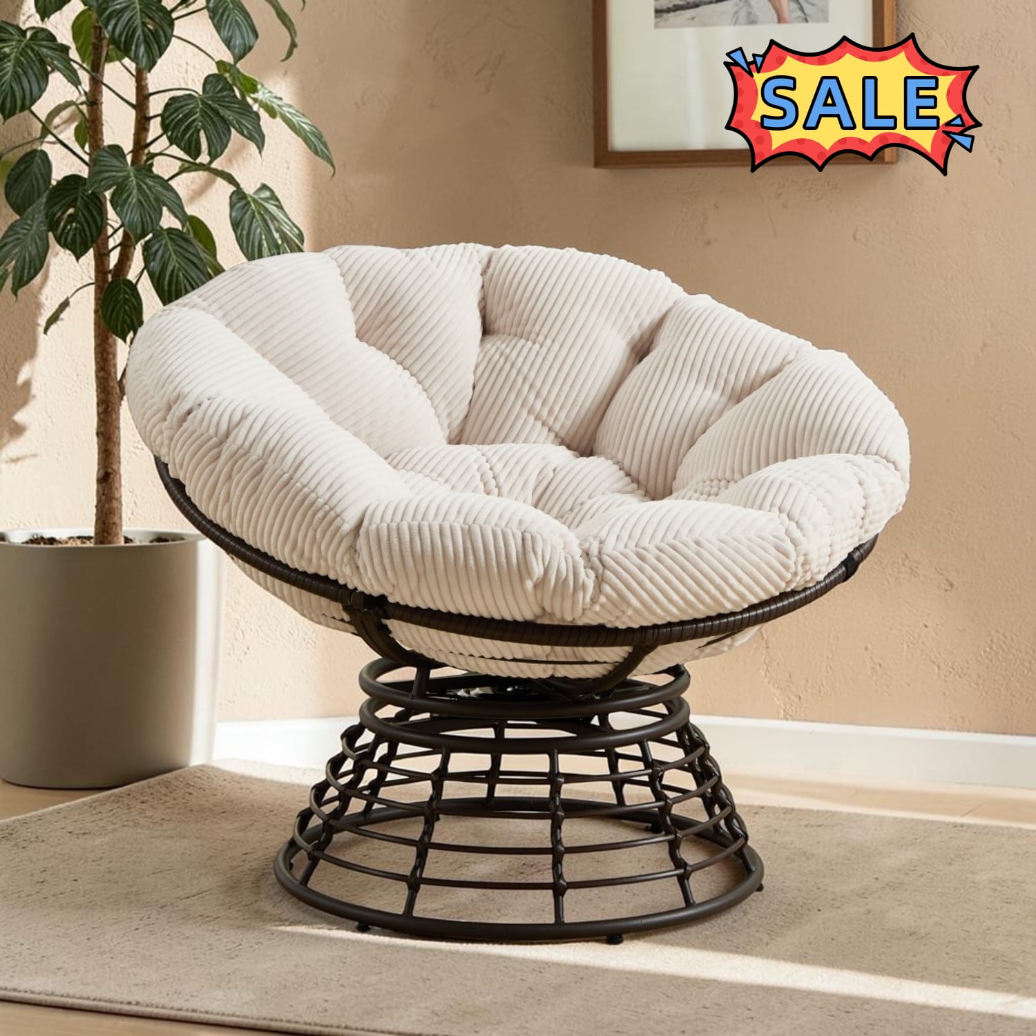 Tcbosik Ergonomic Wicker Papasan Chair with Cushion Indoor & Outdoor 360&deg; Swivel Lounge Chair with Metal Frame for Living Room Bedroom Balcony Backyard Garden White