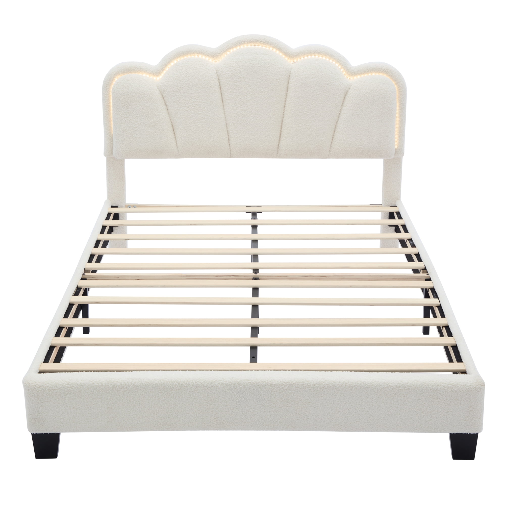 Euroco Upholstery Full Size Platform Bed with Flower-Shaped Headboard and LED Light for Kids Bedroom, Beige