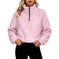 thumbnail image 3 of Winter Womens Sweatshirts Fleece Solid Color Casual Fashionable Crew Neck Quarter Zipper Long Sleeved Pullover Tops, 3 of 6