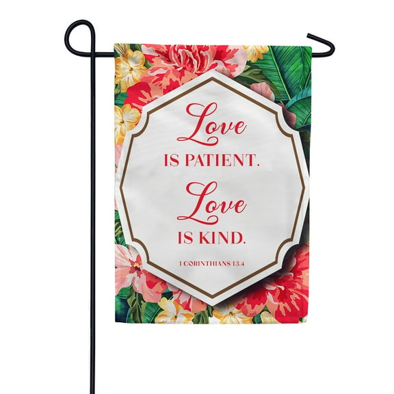 America Forever Bible Verse Garden Flag - 12.5 x 18 inch - 1 Corinthians 13:4 Love Never Fails - Christian Quotes Religious Outdoor Yard Decorative Inspirational Faith Flag