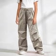 thumbnail image 4 of Besolor Kids Girls Boys Cargo Pants Wide Leg High Waisted Elastic Drawstring Casual Loose Trousers with Pockets for Teen(15-16 Years,Khaki), 4 of 5