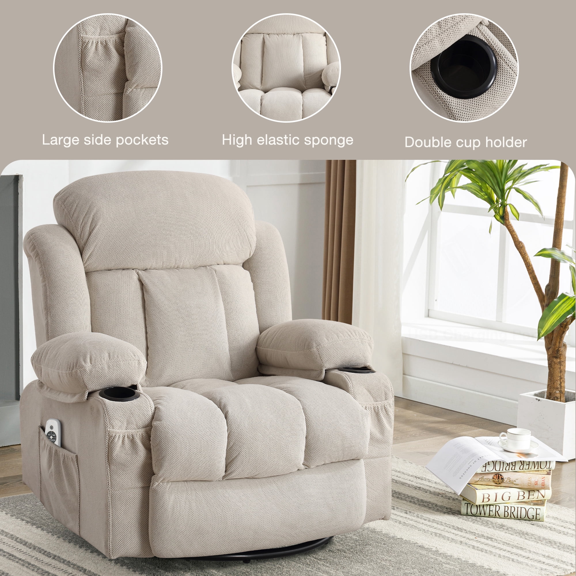 Segmart Swivel Recliner Chair with Massage & Heat Pad, 360° Rotating Sofa Chair with USB Port, Cup Holders & Storage Pockets,Soft Velvet Fabric Lounge Chair for Living Room,Beige