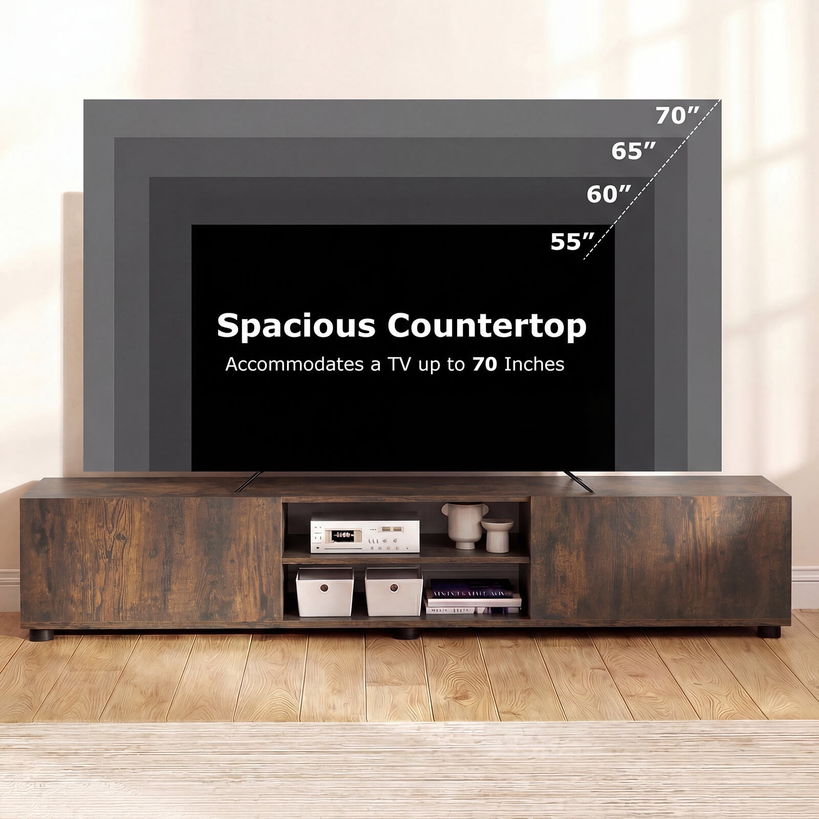 Costway TV Stand for up to 70” TVs, Media Console Table with Double Doors & Open Shelves Rustic Brown