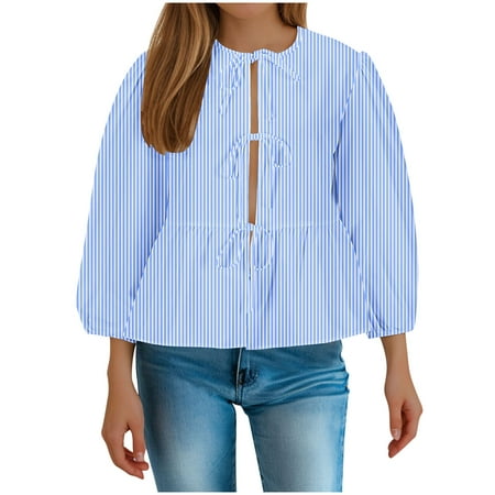 RbCulf Long Sleeve Shirts for Womens Cute Babydoll Tops Lightning Sale Lace-Up Front Peplum Blouses Summer Casual Striped Graphic Tees