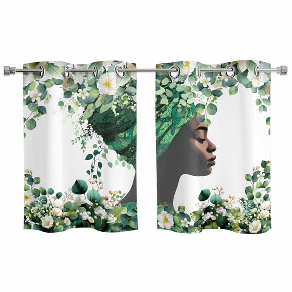 Sage Green Black Women Kitchen Curtains Window Panels, Spring Eucalyptus Leaves Insulated Window Treatment Curtain, Grommet Curtains for Bedroom/Living Room/Bathroom, 2 Piece 27.5"Wx39"L