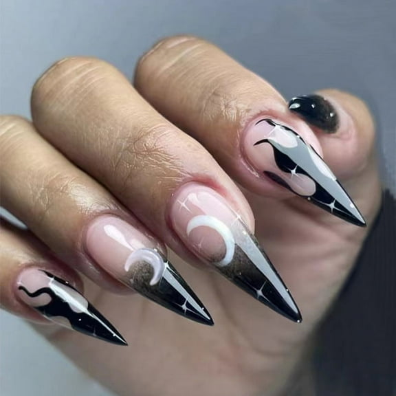 Long Press On Nails Stiletto False Nails Moon Stars Fake Nails Glossy Glue on Nails Gradient & Glitter Acrylic Nails for Women and Girls
