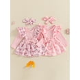 thumbnail image 3 of Baby Toddler Girl Fall Outfit, 0 3 6 12 18 Months Ruffle Long Sleeve Ribbed Romper Bow Print Suspender Skirt Tie Headband 3 Piece Clothing Set, 3 of 9