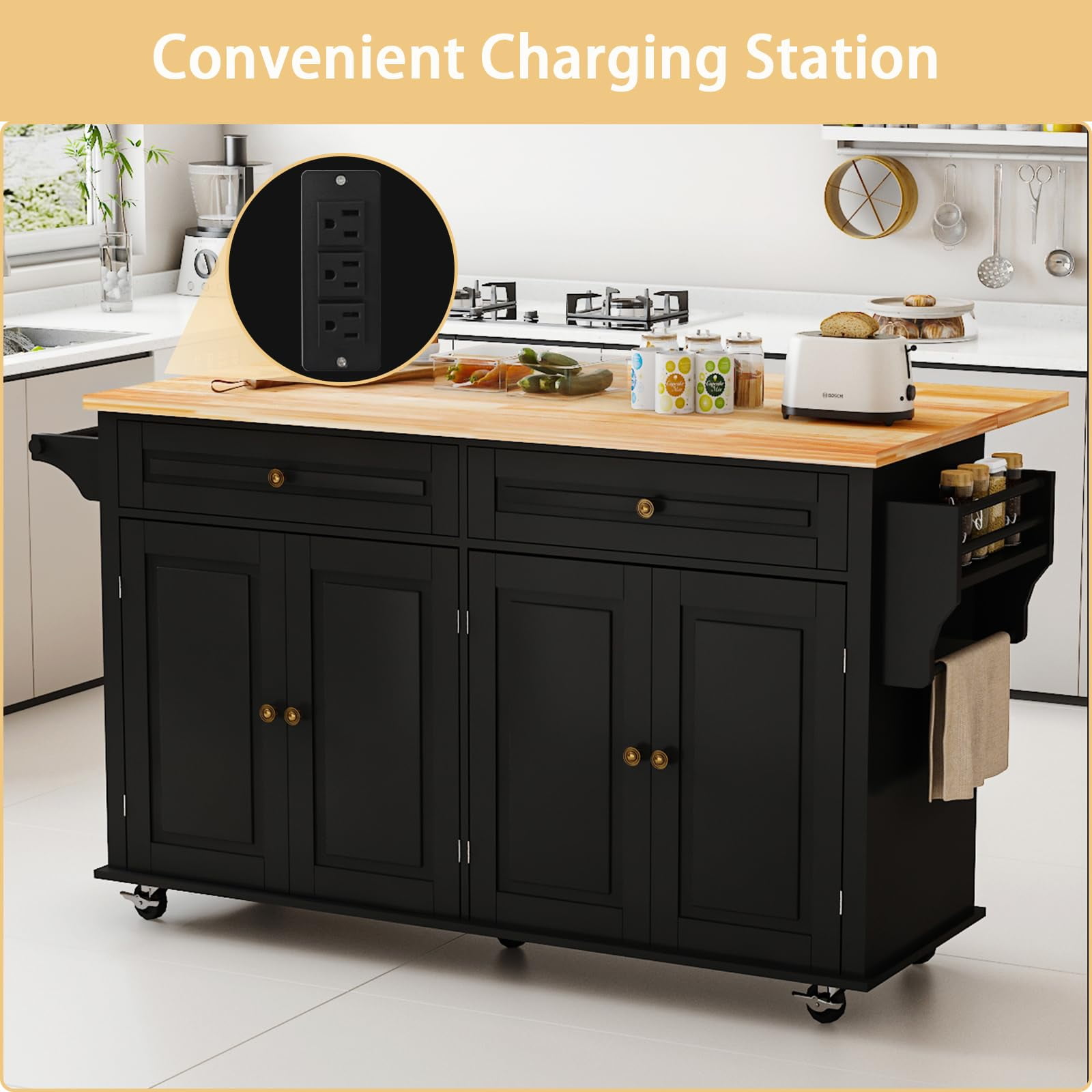 JassmiPkwy 67’’ Movable Kitchen Island with Drop Leaf Countertop, with Storage, 2 Drawers, Towel Rack, Black