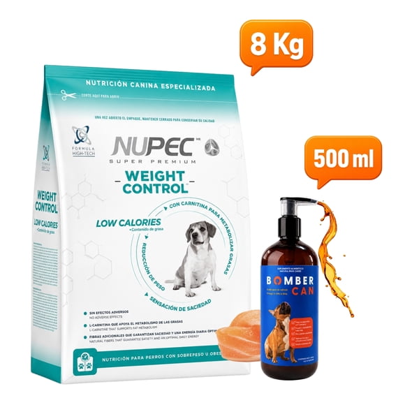 Croquetas Nupec Weight Control Razas Grandes 8 Kg con Bomber Can aceite de Salmon 500 ml
