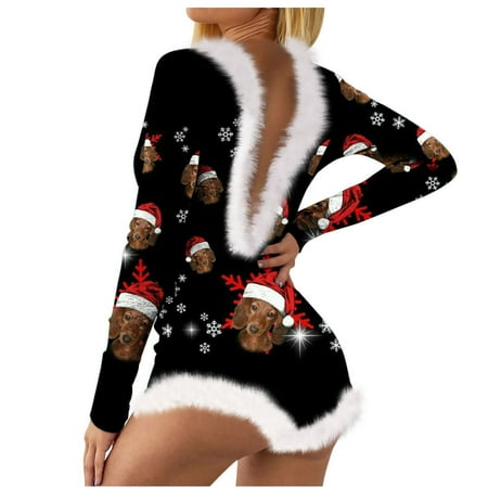 

Women Fashion Fuzzy Christmas Romper Pajamas Sexy Long Sleeve Deep V Neck Button Bodycon Jumpsuit Shorts One-sie Sleepwear Bodysuit