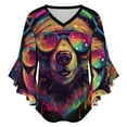 thumbnail image 5 of Colorful Bear With Headphones Women's V-Neck Blouse With 3/4 Ruffled Bell Sleeves Casual Top Ladies Blouses, 5 of 7