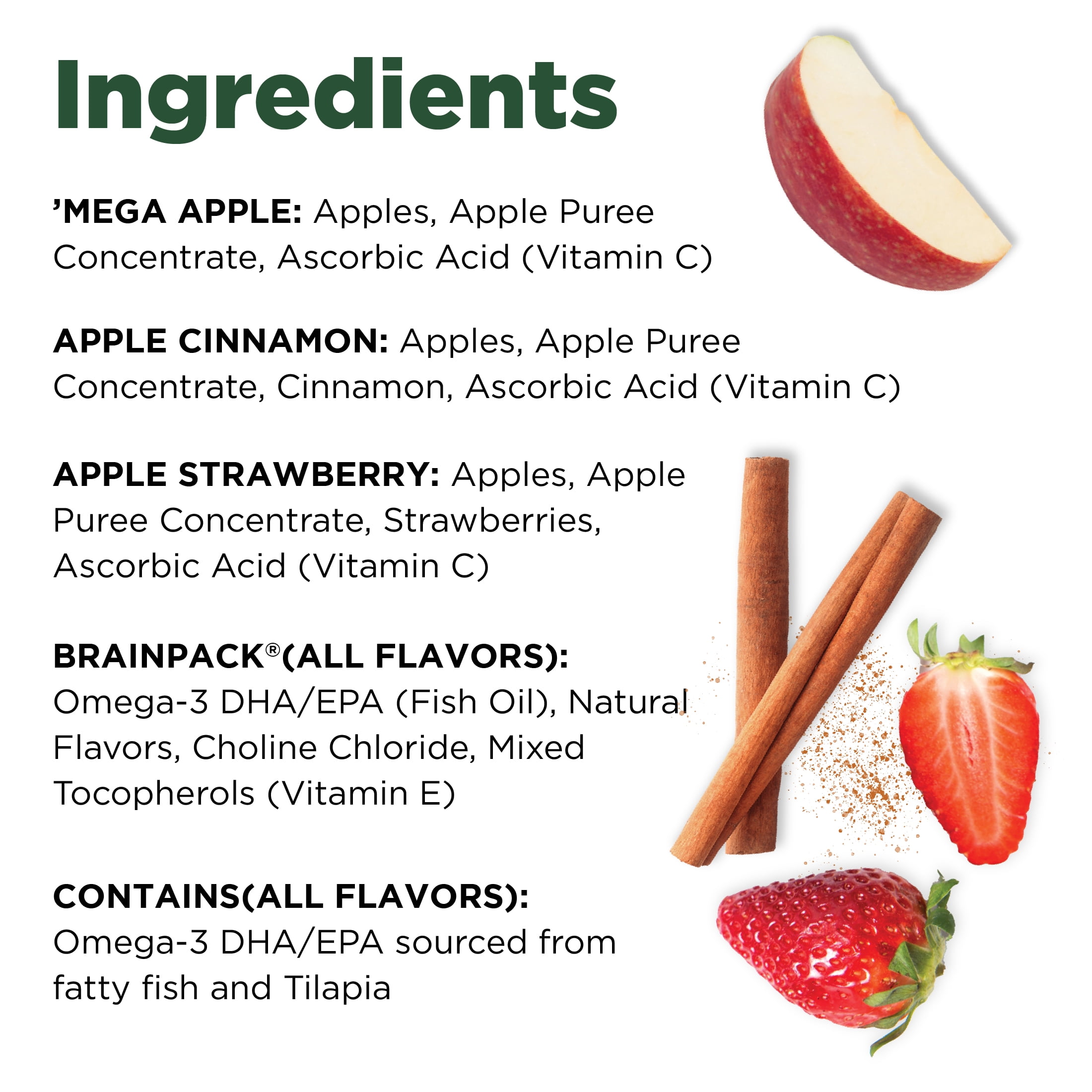 Brainiac Brain Squeezers Applesauce with Omega-3s, Variety Pack, No Sugar Added, 3.2oz, 10 Ct