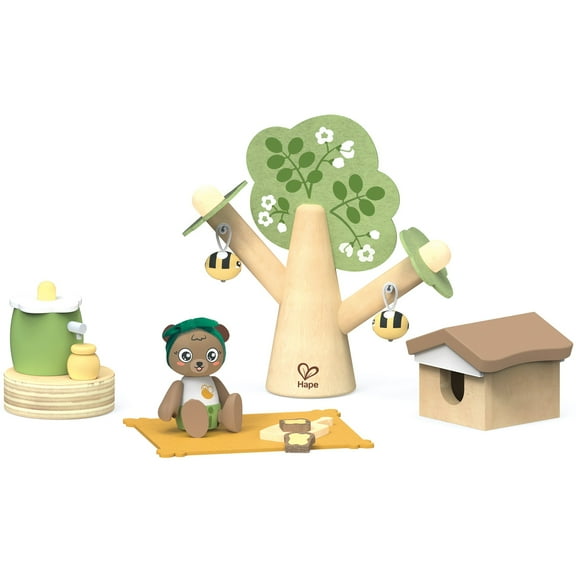 Hape: Honey Bees Picnic - 10pc Wooden Nature Pretend Play Toy, Bee & Beehive, Bear Figurine, Make Honey, Green Planet Explorers, Playset, Kids Ages 3 