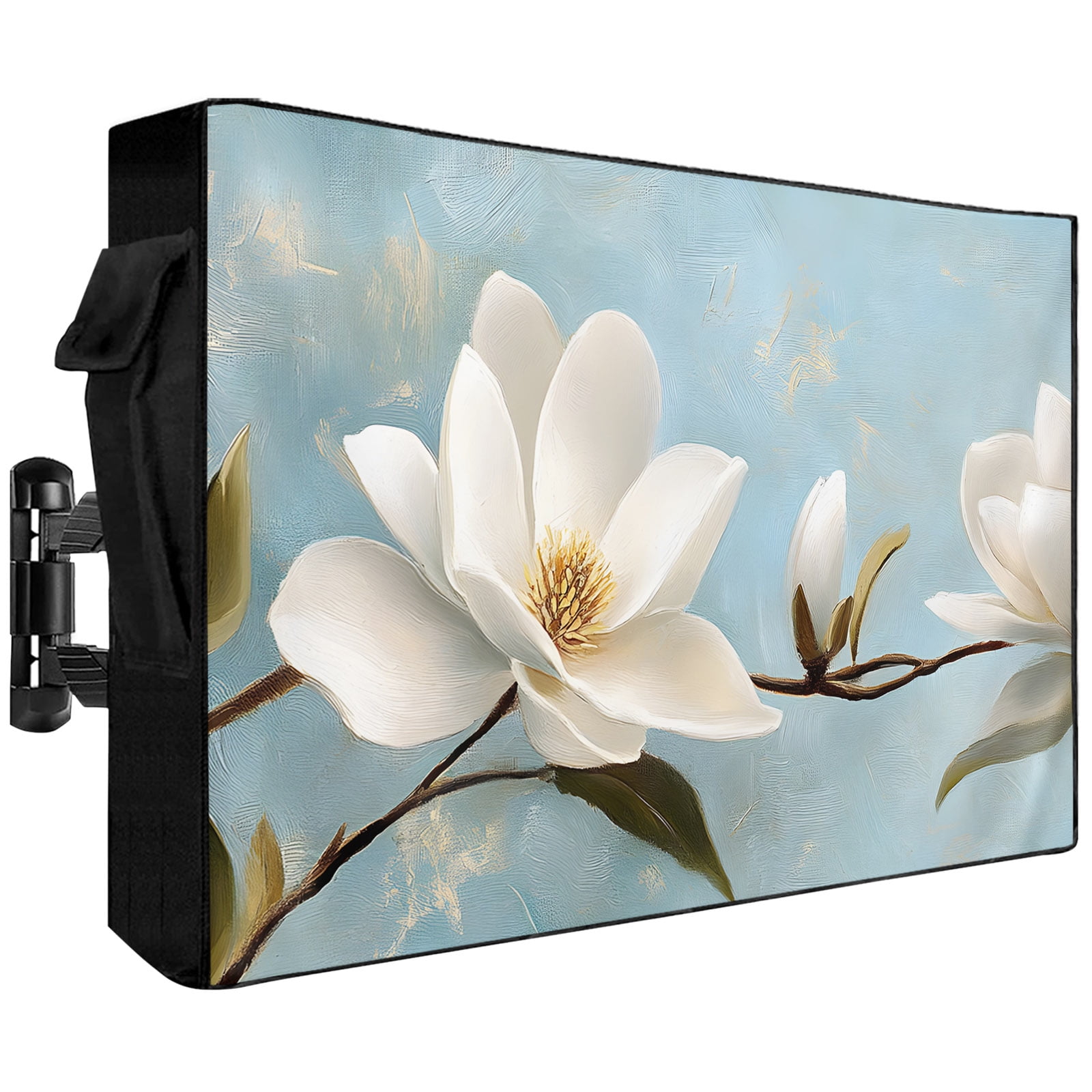 White Floral Outdoor TV Cover 52 to 55 inch Magnolia Leaf Plant Pastoral Retro Style Waterproof Dustproof TV Covers for Outside with Zipper Remote Control Pocket Flat Screen Protectors