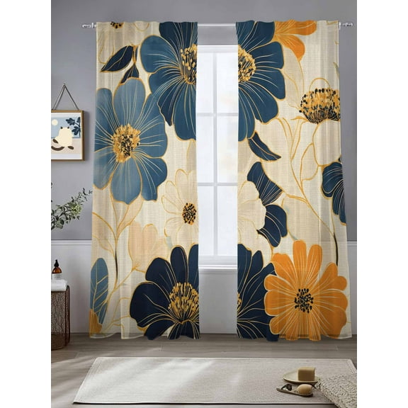 Yellow Florals Sheer Curtains for Living Room Bedroom Botanical Pastoral Spring Retro Beige Sheer Curtains 96 Inch Long 2 Panels Set Light Filtering Curtain Window Treatments Drapes for Dining Room