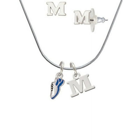 Mini Royal Blue Running Shoe – M Initial Charm Necklace and Stud Earrings Jewelry Set