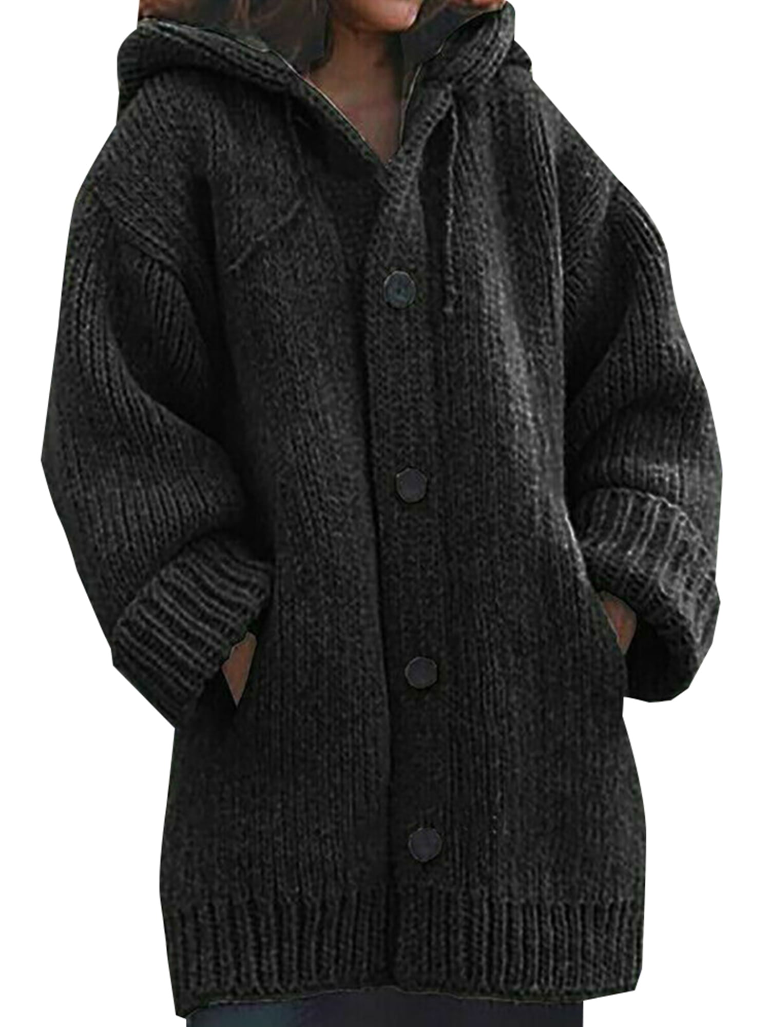 Women's Loose Casual Plus Size Knitted Hooded Winter Cardigan Coats