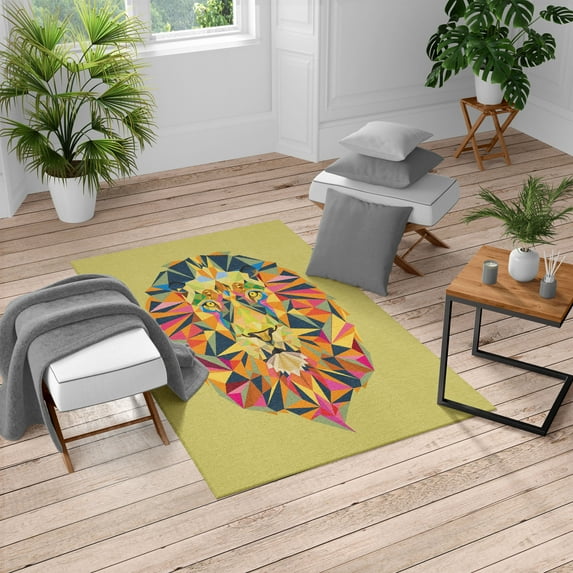 Zoo Turkish Area Rug, Colorful Animals Geometric Diamond Face Lions Mane Safari Wildlife Theme Image, Soft Carpet for Living Room Decor with Distressed Look, 5.2' X 7.6', Pastel Green, by Ambesonne