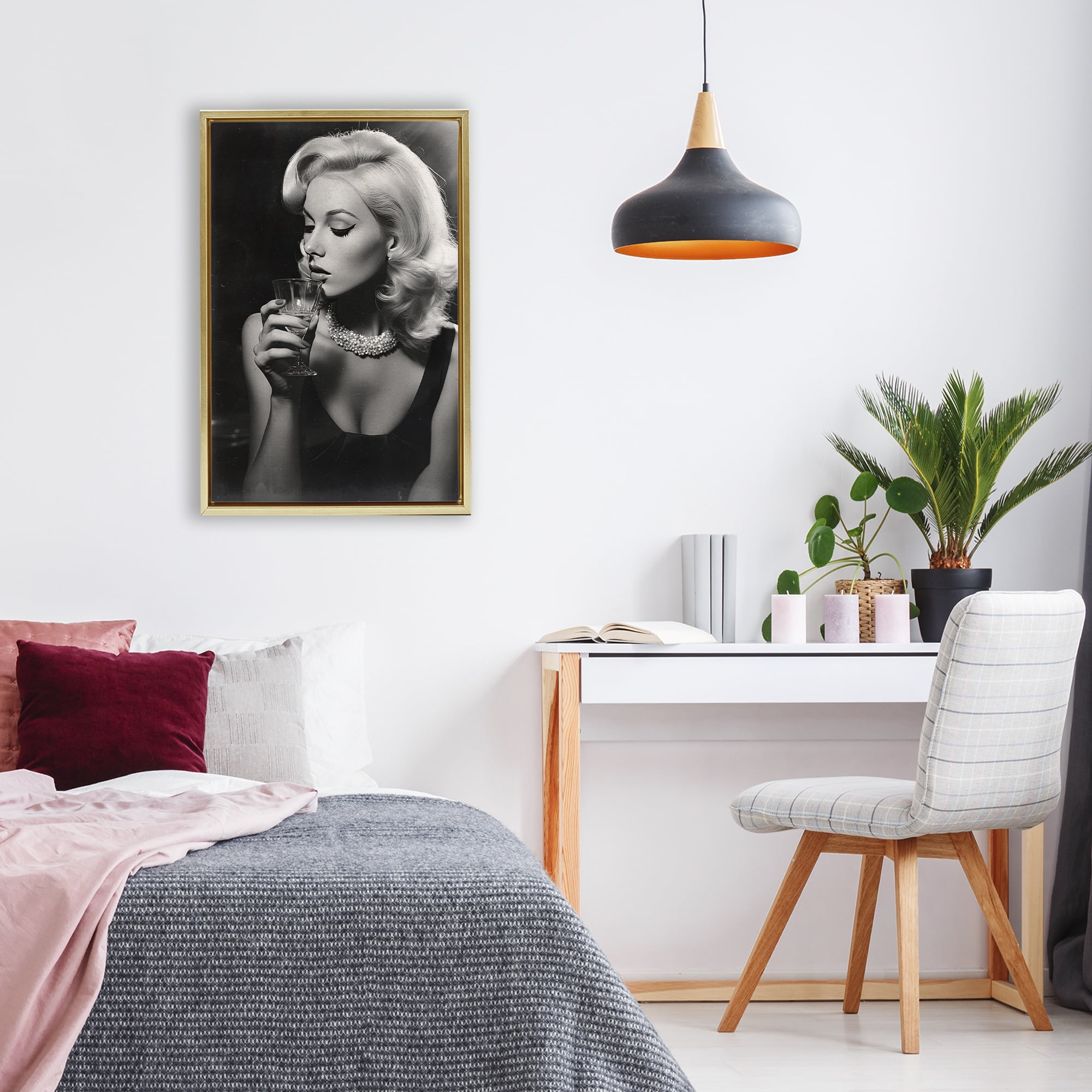 Classic Woman & Martini Gold Framed Floater Canvas Wall Art, design by Decent Exposures