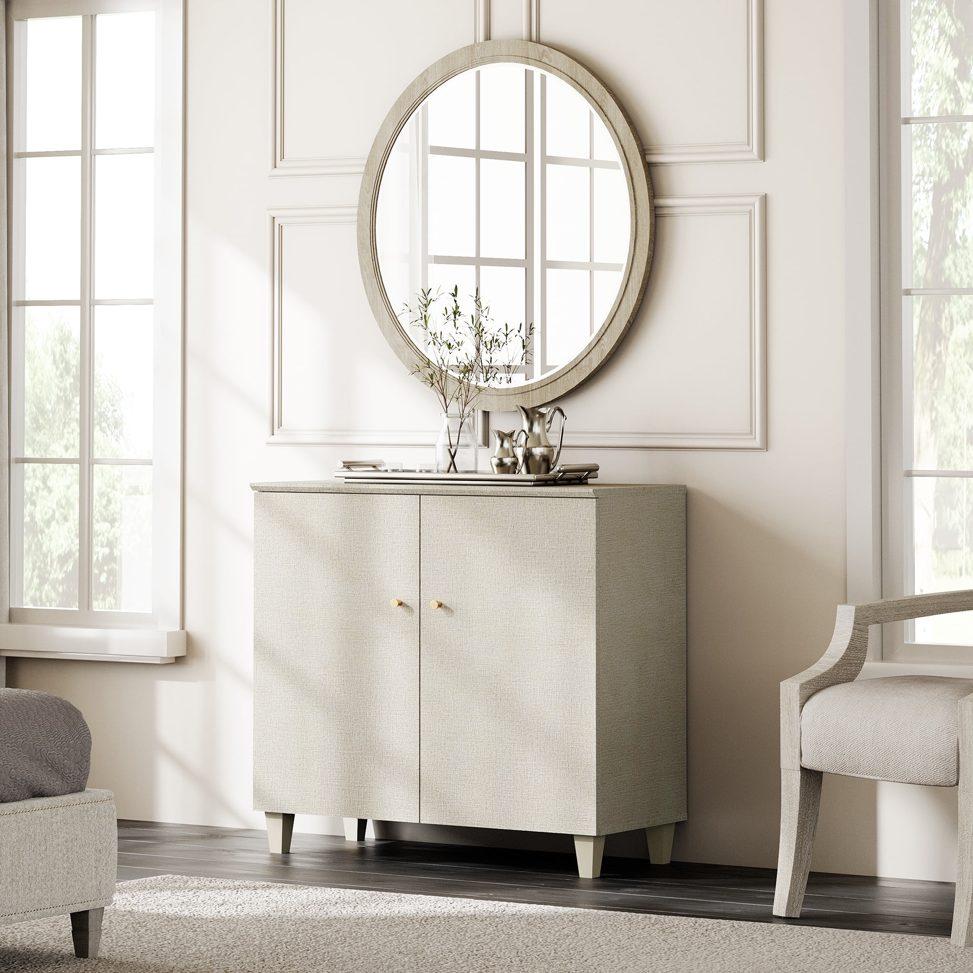 Set of 2 Storage Cabinet with 2 Doors, Modern Accent Cabinets with Solid Wood Legs, Anti-tip Kits, for Living Room, Dining Room Bedroom Hallway, Beige