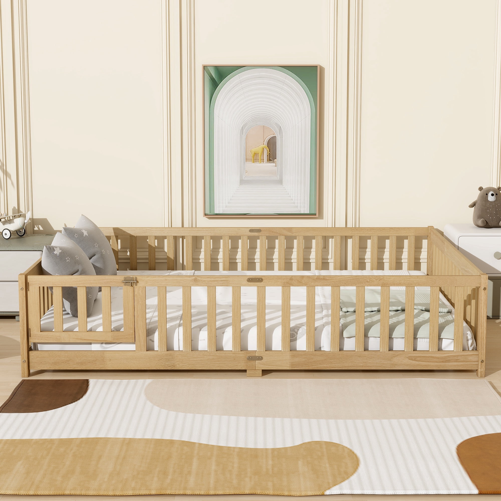 PAPROOS Queen Floor Bed Frame, Wood Floor Platform Bed with Fence and Door, No Box Spring Needed, Modern Queen Size Montessori Floor Bed for Little Girls Boys, Playhouse Bed Frame, Natural