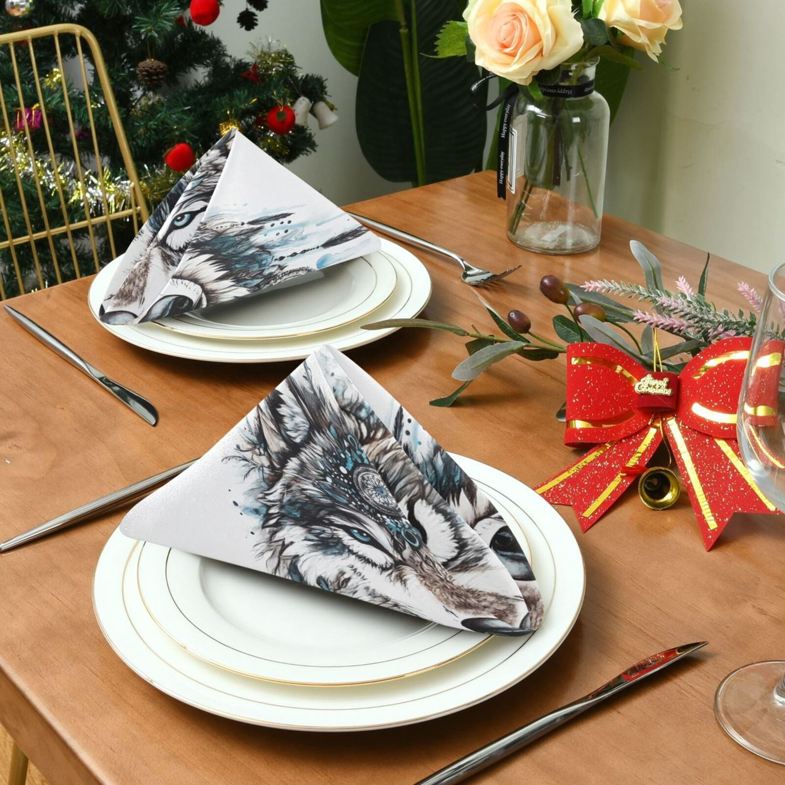 JSTEL Boho Wolf Head Hand Draw Cloth Napkins Set of 6, 20x20 Inch Washable and Reusable Napkin for Decoupage Dinner Party Everyday Use