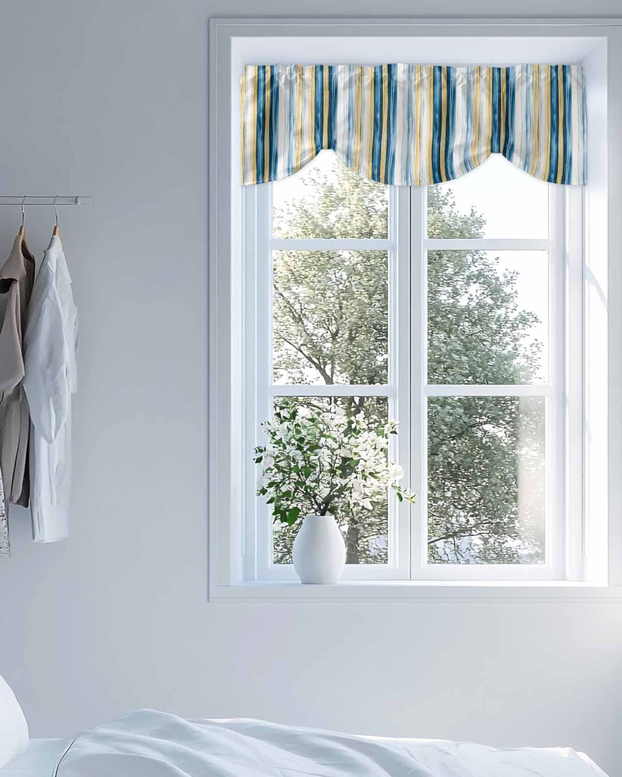 Vintage Stripes Tie Up Valances Curtain, Blue Yellow Striped Abstract Lines Gradient Kitchen Valances for Windows Decor, Rod Pocket Short Curtains Set for Bedroom/Bathroom, 54"x18"