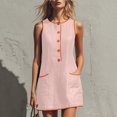 thumbnail image 7 of Wovilon Women's Round Neck Sleeveless A-Line Mini Dress, Button Front Contrast Trim Pocket Shift Top, Relaxed Lightweight Breathable Cotton Linen Blend Solid, 7 of 7