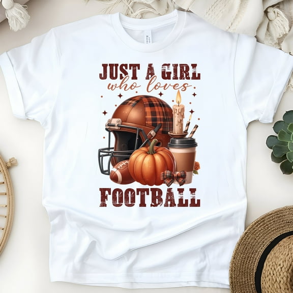 Just a Girl Who Loves Football Shirt | Fall Pumpkin and Coffee Game Day Tee, White, Size S