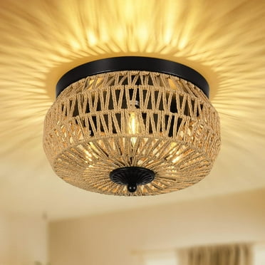 Hand-Woven Rattan Ceiling Light Fixture Boho Style 3-Lights for Bedroom Kitchen