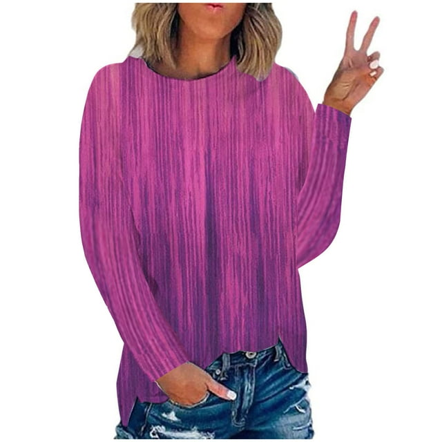 IROINID en Solde T-Shirt à Manches Longues en Polyester pour Femmes Confortable Été Col Rond Imprimé Blouses Tops, Rose Vif