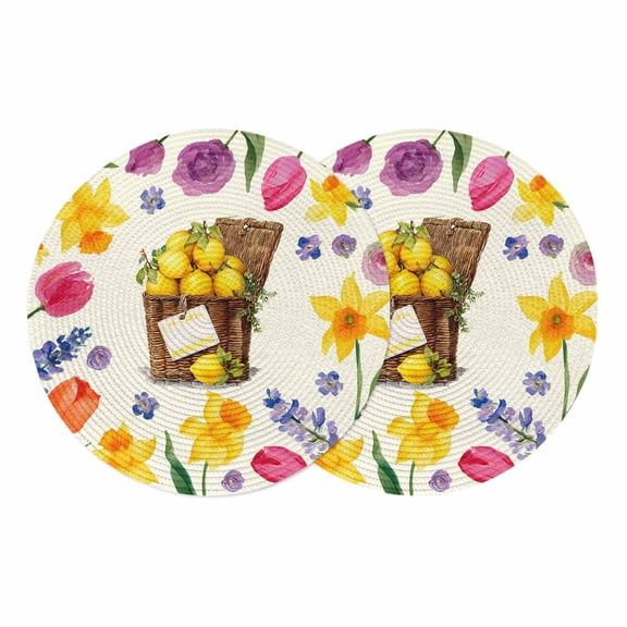 Spring Floral Round 13 Inch Placemats Set of 2, Watercolor Lemons Garden Flowers Farmhouse HeatResistant Non Slip Place Mats for Dining Table, Wipeable Braided Kitchen Table Mats for Housewarming