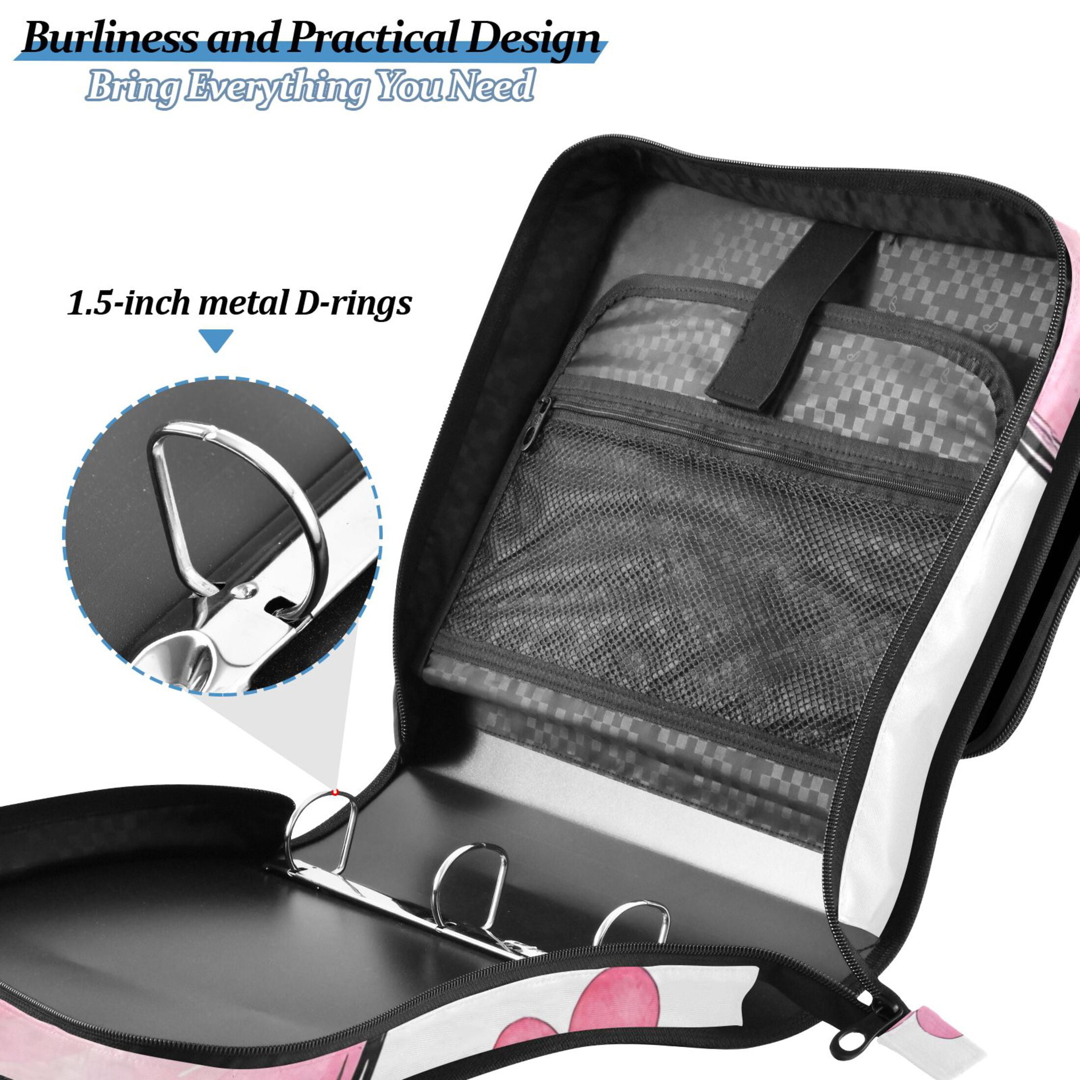3 Ring Zipper Binder with Shoulder Strap Waterproof Trapper Keeper 2 Inch D-Ring 500 Sheets Capacity Cute Pink Pig and Heart